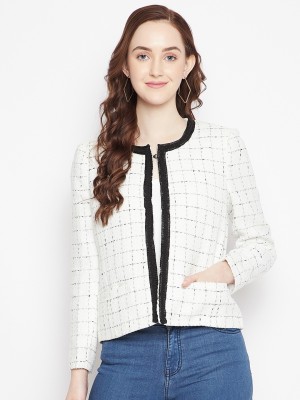 CRIMSOUNE CLUB Checkered Mandarin Casual Women Blazer(White)