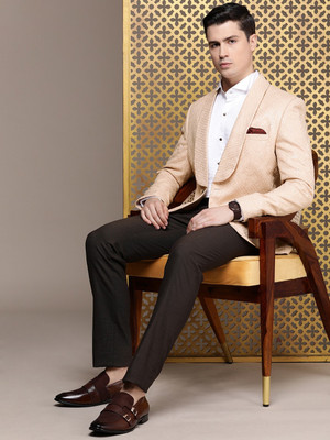 House of Pataudi Self Design Bandhgala Party Men Blazer(Orange)