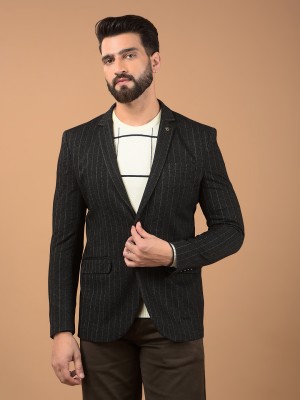 CRIMSOUNE CLUB Striped Single Breasted Casual Men Blazer(Black)