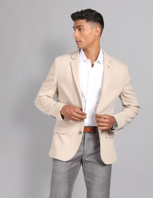 AD by Arvind Solid Single Breasted Formal Men Blazer(Beige)