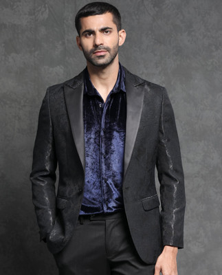 Rare Rabbit Self Design Single Breasted Party Men Blazer(Black)