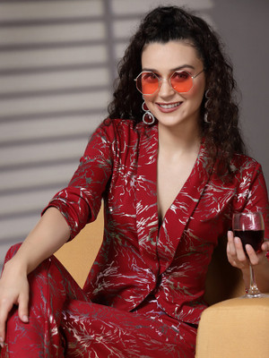 KASSUALLY Printed Single Breasted Casual Women Blazer(Red)