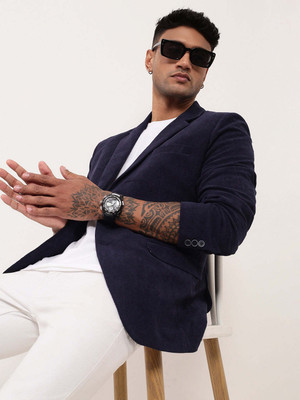 SHOWOFFFF Solid Single Breasted Casual Men Blazer(Dark Blue)