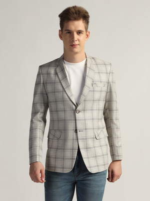 TAHVO Checkered Single Breasted Formal Men Blazer(Grey)