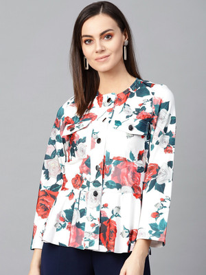 ZIMA LETO Printed Bandhgala Casual Women Blazer(White)