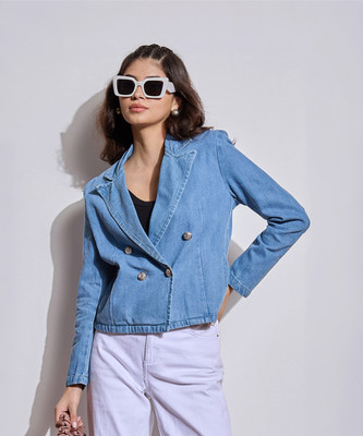 SASSAFRAS Solid Double Breasted Casual Women Blazer(Blue)
