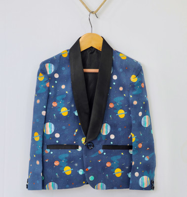 funny bones Printed Tuxedo Style Casual Boys Blazer(Blue)