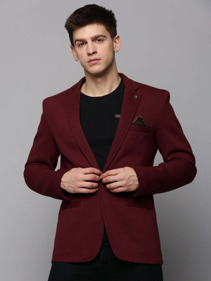 SHOWOFFFF Solid Single Breasted Casual Men Blazer(Maroon)