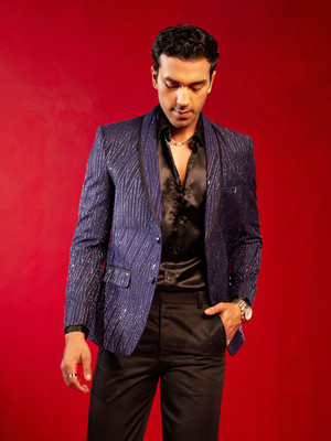VASTRAMAY Solid Single Breasted Casual Men Blazer(Dark Blue)