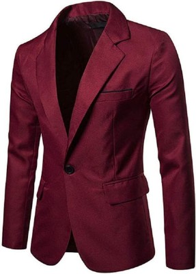 One Click Solid Single Breasted Festive & Wedding Men Blazer(Maroon)