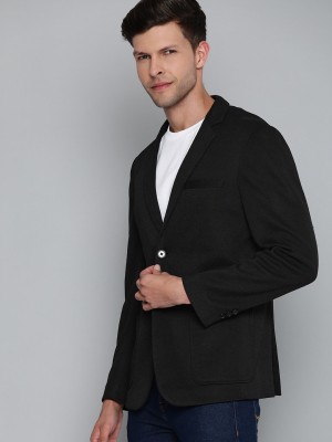 HERE&NOW Solid Single Breasted Casual Men Blazer(Black)