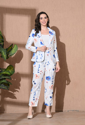 EUPHORIA WARDROBE White Floral Printed Blazer and Pant Set Elegant Office Wear Set Formal Suit Printed Women Suit