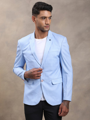 TURTLE Solid Single Breasted Casual Men Blazer(Light Blue)