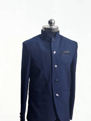 TTRFashion Checkered Mandarin Festive & Wedding Boys Blazer(Blue)