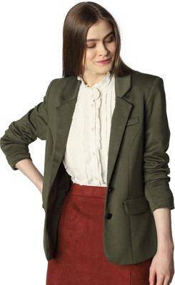 PP TRENDS Solid Single Breasted Casual Women Blazer(Green)