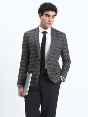 SHOWOFFFF Checkered Single Breasted Casual Men Blazer(Grey)