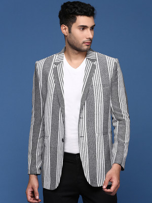 SHOWOFFFF Striped Single Breasted Formal Men Blazer(Grey)