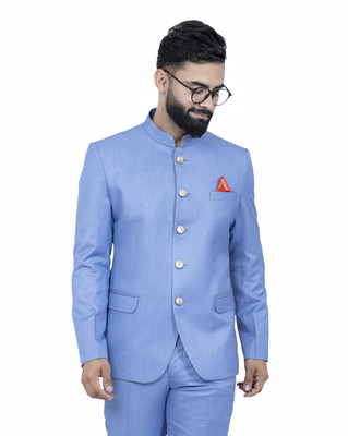 ALJAAMI Solid Bandhgala Wedding Men Blazer(Light Blue)