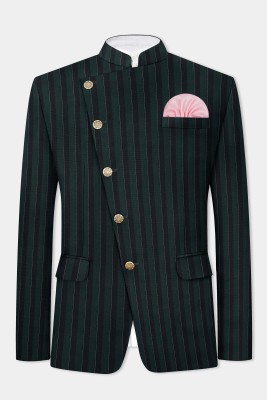 french crown Striped Bandhgala Festive & Wedding, Party Men Blazer(Green)