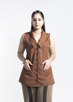 Akaynaa Solid Single Breasted Formal Women Blazer(Brown)