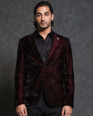 Rare Rabbit Solid Single Breasted Party Men Blazer(Maroon)