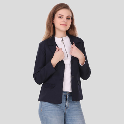 Flickz Solid Single Breasted Casual Women Blazer(Blue)