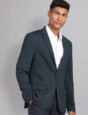AD by Arvind Solid Single Breasted Formal Men Blazer(Green)