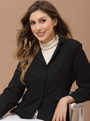 KASSUALLY Solid Single Breasted Casual Women Blazer(Black)