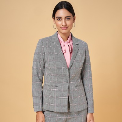 Annabelle by Pantaloons Checkered Single Breasted Formal Women Blazer(Grey)