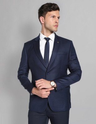 AD by Arvind Solid Single Breasted Formal Men Blazer(Blue)