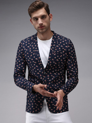 SHOWOFFFF Printed Single Breasted Party Men Blazer(Dark Blue)