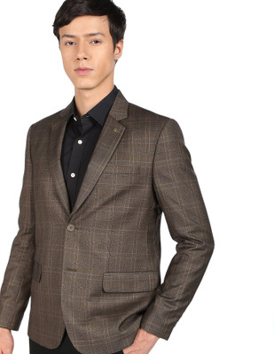 AD by Arvind Checkered Single Breasted Formal Men Blazer(Brown)