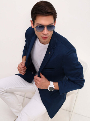 SHOWOFFFF Solid Single Breasted Casual Men Blazer(Dark Blue)
