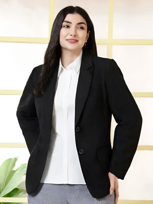 CADMON Solid Single Breasted Formal Women Blazer(Black)