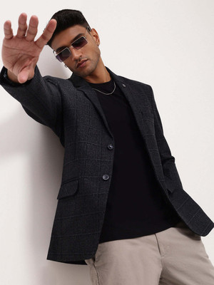 SHOWOFFFF Checkered Single Breasted Casual Men Blazer(Black)