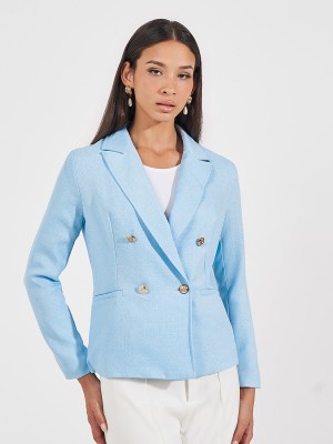 Styli Solid Double Breasted Casual Women Blazer(Blue)