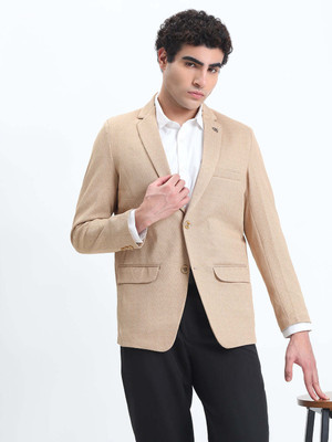 SHOWOFFFF Printed Single Breasted Casual Men Blazer(Beige)