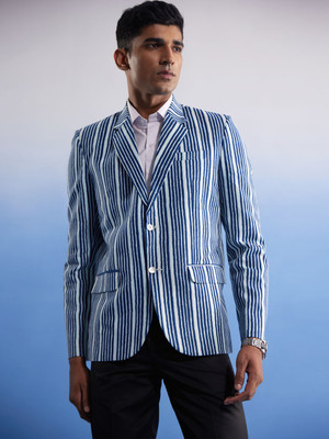 Shvaas By Vastramay Striped Single Breasted Casual Men Blazer(Dark Blue)