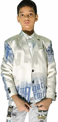 TTRFashion Printed Single Breasted Festive & Wedding Boys Blazer(White)
