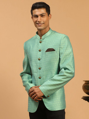 VASTRAMAY Woven Single Breasted Festive Men Blazer(Green)