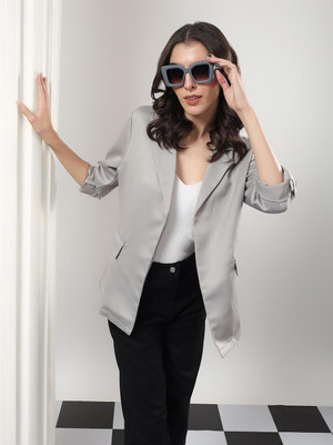 KOTTY Solid Mandarin Casual Women Blazer(Grey)
