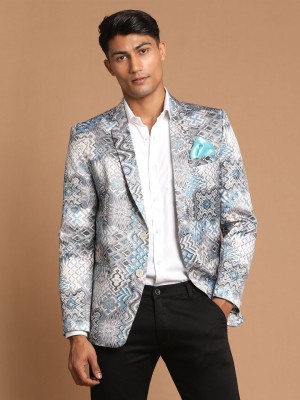 VASTRAMAY Printed Single Breasted Festive Men Blazer(Grey)