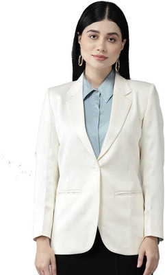 SANJITGARMENTS Solid Single Breasted Casual Women Blazer(White)