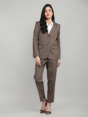 CHKOKKO Solid Single Breasted Casual Women Blazer(Brown)