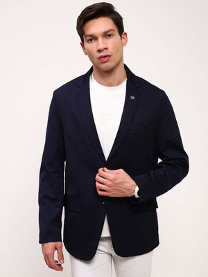 SHOWOFFFF Solid Single Breasted Casual Men Blazer(Dark Blue)