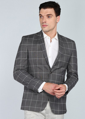 PARK AVENUE Checkered Single Breasted Formal Men Blazer(Grey)
