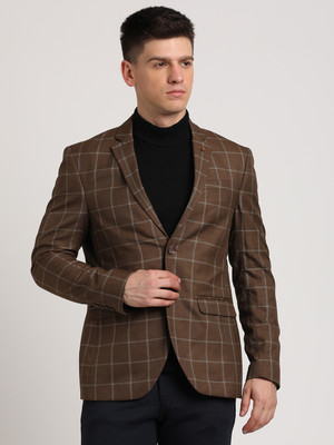 TURTLE Checkered Single Breasted Casual Men Blazer(Brown)