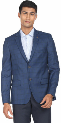 AD by Arvind Checkered Single Breasted Formal Men Blazer(Blue)