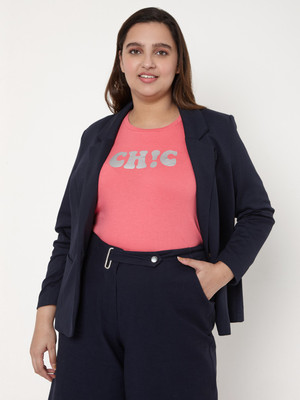 Vero Moda Curve Solid Single Breasted Casual Women Blazer(Blue)