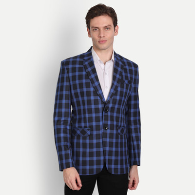FIVEFEB Checkered Single Breasted Formal, Party, Wedding Men Blazer(Blue)